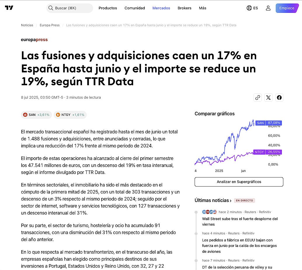 Las fusiones y adquisiciones caen un 17% en Espaa hasta junio y el importe se reduce un 19%, segn TTR Data